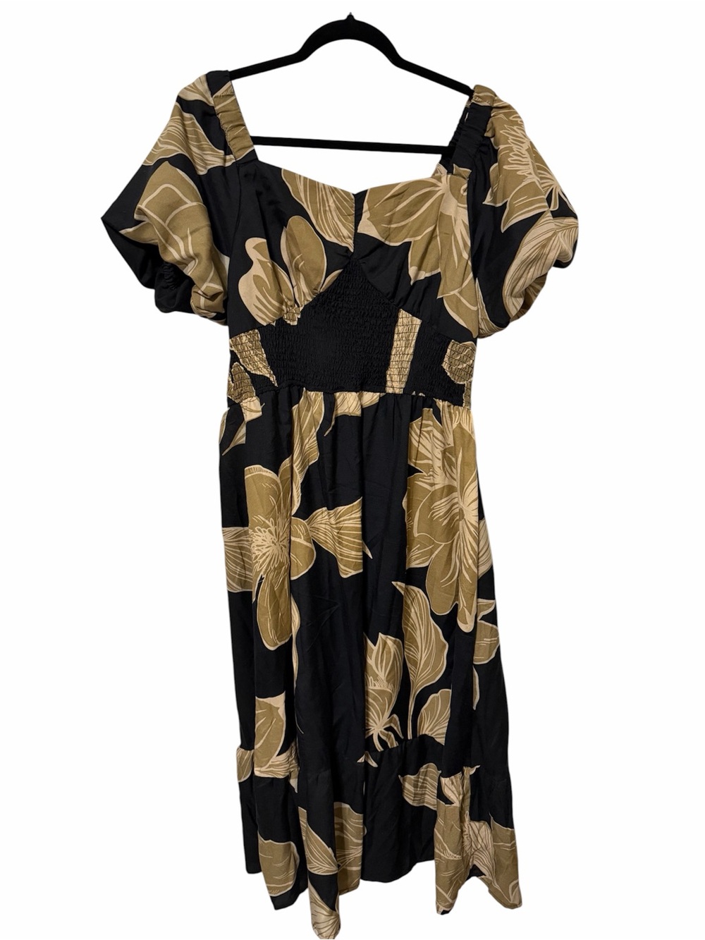 Black & Tan Floral Puff Sleeve Midi Dress